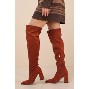 LULUS | Bellwood Cognac Suede Pointed-toe Over-the-knee Boots Brown - Size 8